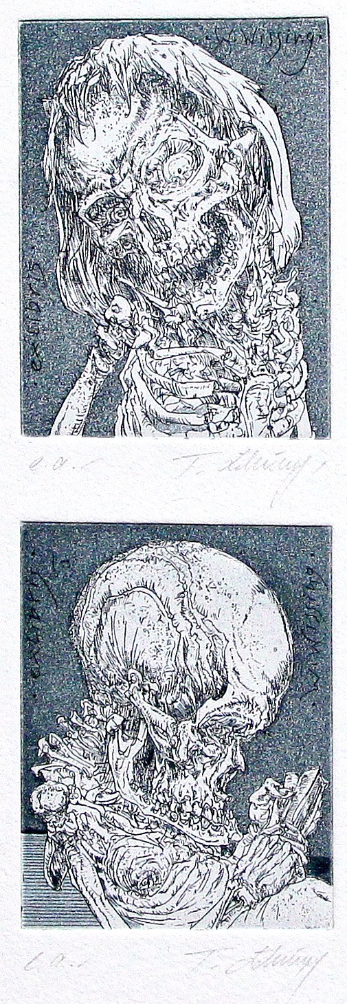 Thomas Löhning, Zwei kleine Schädel. Exlibris, je 5,7x7,6 cm, Radierung