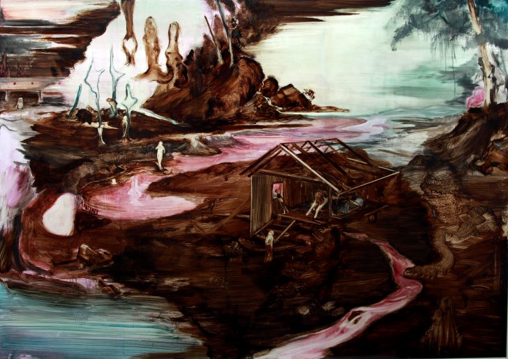 Rao Fu, Prießnitz, 135x175 cm, 2017, Bitumen-und-Öl-auf-Papier-auf-Leinwand