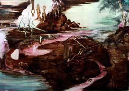 Rao Fu, Prießnitz, 135x175 cm, 2017, Bitumen und Öl auf Papier auf Leinwand