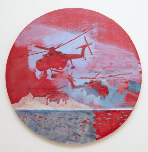 Christane Wachter - Red Helicopters - 2022 - Mischtechnik auf Papier auf Holz - dm 98 cm